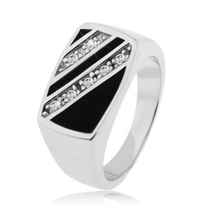 Stříbrný prsten 925, obdélník - šikmé linie čirých zirkonů, černá glazura - Velikost: 61