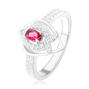 Stříbrný prsten 925, obrys špičaté slzy, růžový zirkon, linie ve tvaru "V" - Velikost: 50