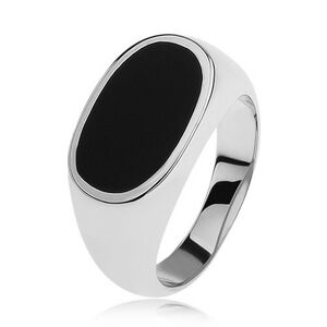 Stříbrný prsten 925, ovál s černou glazurou, lesklá a rozšířená ramena - Velikost: 62