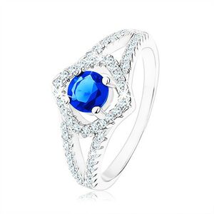 Stříbrný prsten 925, rozdvojená ramena, obrys čtverce, modrý zirkon - Velikost: 52