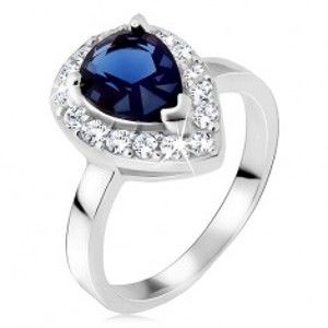 Stříbrný prsten 925, modrý slzičkovitý kámen se zirkonovým lemem BB18.10