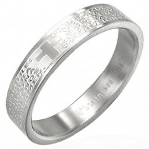Stříbrný ocelový kroužek na prst s modlitbou a křížem BB07.12
