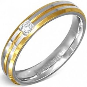 Stříbrno-zlatý prsten z oceli s malým čirým zirkonem BB5.7