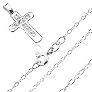 Stříbrný 925 náhrdelník - kříž s pleteným lanem ve středu, blyštivý řetízek