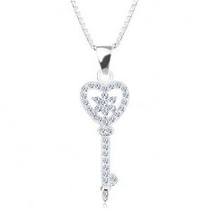 Stříbrný 925 náhrdelník - řetízek s přívěskem, zirkonový klíč - srdce, květ