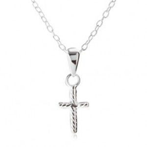Stříbrný 925 náhrdelník, řetízek z oválných oček, latinský kříž, šikmé proužky