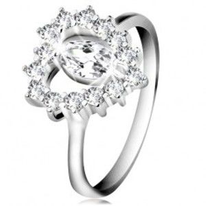 Stříbrný 925 prsten, broušené zirkonové zrnko, srdcovitý obrys, čiré zirkony K02.20