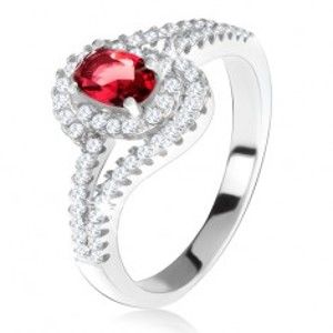 Stříbrný 925 prsten, červený kámen s lemem, zvlněná zirkonová ramena T21.6