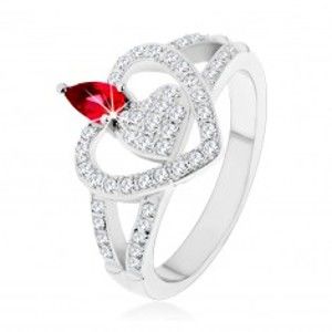 Stříbrný 925 prsten, dvě čirá zirkonová srdce, blyštivý růžový zirkon SP54.14