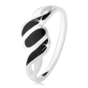 Stříbrný 925 prsten, hladká ramena, šikmé linie a ovál, černý onyx HH5.5