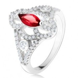 Stříbrný 925 prsten, zrníčkovitý červený kámen, vyřezávaná zirkonová ramena U18.03