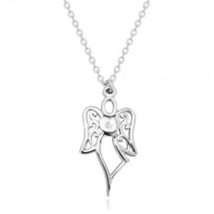Stříbrný náhrdelník 925 - vyřezávaný anděl, srdce s čirým diamantem