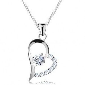 Stříbrný náhrdelník 925, čirý zirkon v asymetrické kontuře srdce, řetízek