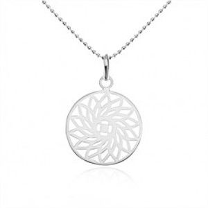 Stříbrný náhrdelník 925, kuličkový řetízek, vyřezávaný květ v kruhu