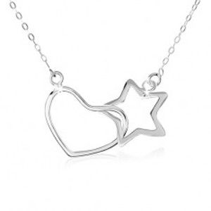 Stříbrný náhrdelník 925, oválná očka řetízku, obrys hvězdy a srdce