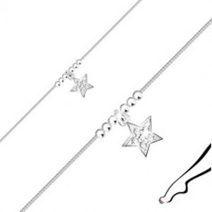 Stříbrný náramek 925 na nohu - hvězdička se zirkony, lesklé kuličky, hranatý řetízek