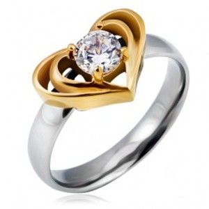 Stříbrný ocelový prsten se zlatým dvojitým srdcem, čirý zirkon L12.10
