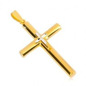 Stříbrný přívěsek 925 - kříž zlaté barvy, menší křížek uprostřed, zrníčkovité zářezy