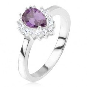 Stříbrný prsten 925 - fialový slzičkovitý kamínek, zirkonová obruba BB14.17