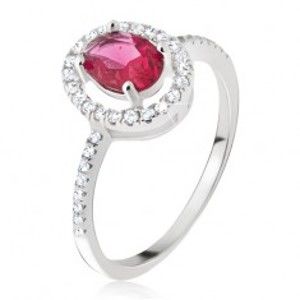 Stříbrný prsten 925 - oválný růžovočervený kamínek, zirkonová obruba BB17.04