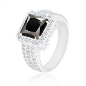 Stříbrný prsten 925 - černý zirkonový čtverec, čirý zirkonový lem a ramena BB02.14