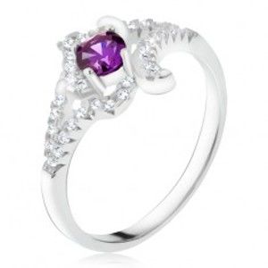 Stříbrný prsten 925, fialový kamínek, zakroucená zirkonová ramena K3.4