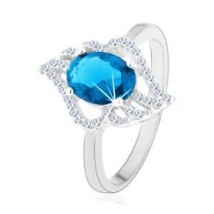 Stříbrný prsten 925, kontura čirého lístku s oválným světle modrým zirkonem K06.06
