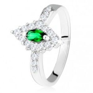 Stříbrný prsten 925, kosočtverec s tmavě zeleným očkem a čirým lemem SP22.30