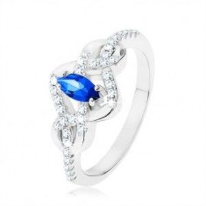 Stříbrný prsten 925, modrý zirkonový ovál, propletené linie zdobené zirkony HH7.3