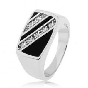 Stříbrný prsten 925, obdélník - šikmé linie čirých zirkonů, černá glazura S83.16