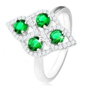 Stříbrný prsten 925, oblý kosočtverec, čtyři kulaté zelené zirkony, čirý lem HH15.15