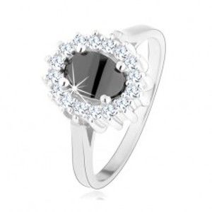 Stříbrný prsten 925, oválný černý zirkon, třpytivá obruba, rhodiovaný HH11.18