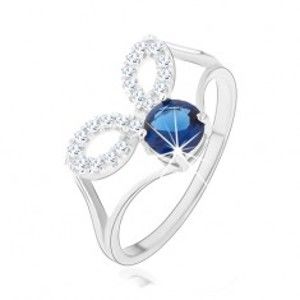 Stříbrný prsten 925, rozdělená ramena, čiré obrysy zrnek, tmavě modrý zirkon HH14.6