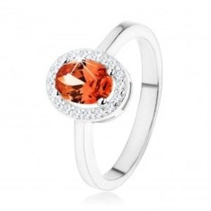 Stříbrný prsten 925, tmavě oranžový oválný zirkon, čirý blýskavý lem K05.20