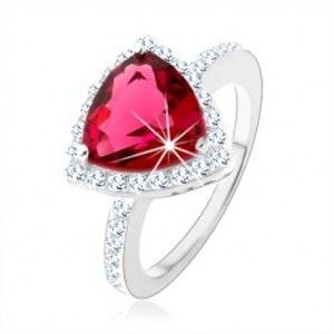 Stříbrný prsten 925, trojúhelník, růžový zirkon, blyštivý lem, výřezy HH2.2