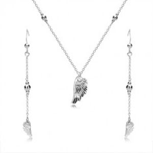 Stříbrný set 925 - náušnice a náhrdelník, andělské křídlo a lesklé kuličky