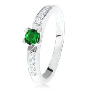 Stříbrný zásnubní prsten 925, kulatý zelený kamínek, linie čirých zirkonů SP34.08