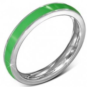 Tenký ocelový prsten - obroučka, zelený pruh, stříbrný okraj J1.17