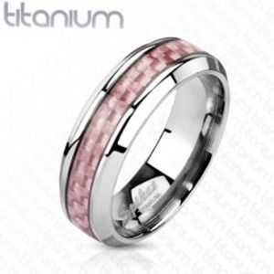 Titanový prsten stříbrné barvy, středový pás z růžových vláken, 6 mm M05.29