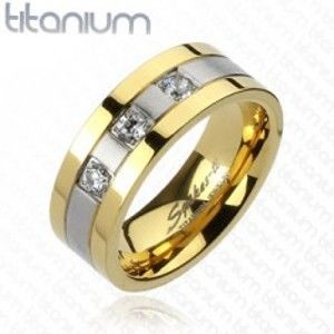 Titanový prsten - zlato-stříbrný, tři zirkony F1.3/4