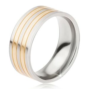 Titanový prsten - lesklá obroučka stříbrno-zlaté barvy, střídající se pásy - Velikost: 70