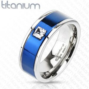 Titanový prsten s modrým pruhem a čtvercovým zirkonem - Velikost: 51
