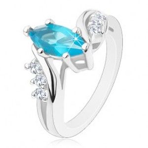Třpytivý prsten s modrým zrnem, rozdělená ramena s průzračnými zirkonky V14.05