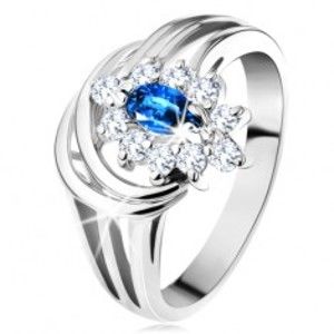 Třpytivý prsten s rozvětvenými rameny, tmavomodrý zirkon, čirá obruba G09.28