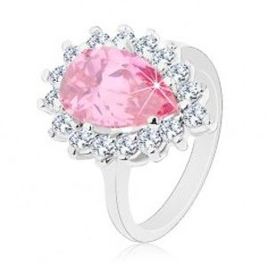 Třpytivý prsten s úzkými rameny, růžová zirkonová slza, kulaté zirkonky G02.03