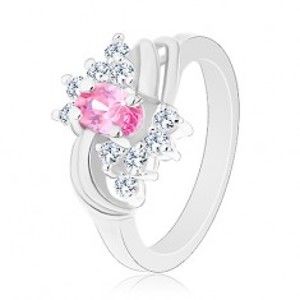 Třpytivý prsten ve stříbrné barvě s růžovým oválem, čiré zirkonky, oblouky G15.31
