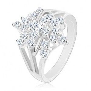Třpytivý prsten, stříbrná barva, čirý zirkonový květ, rozvětvená ramena R29.14