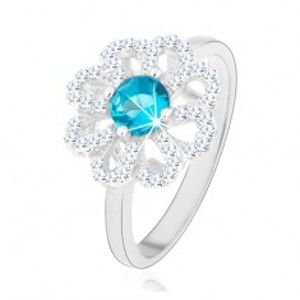 Třpytivý prsten, stříbro 925, zirkonový květ - čiré lupínky, světle modrý střed HH12.3