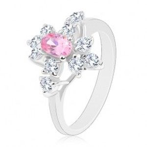 Třpytivý prsten ve stříbrné barvě, růžový ovál, čiré zirkonky G06.05
