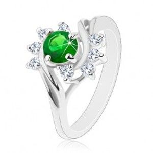 Třpytivý prsten ve stříbrném odstínu, zeleno-čiré zirkony, hladké oblouky G07.24